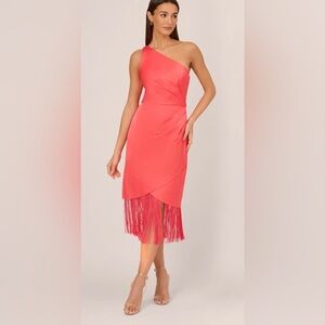 Adrianna Papell Stretch Satin Elegant One Shoulder Midi Fringe Hem Dress - NEW